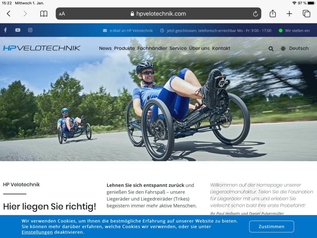 Homepage von HP Velotechnik (Screenshot vom 1.1.2020)